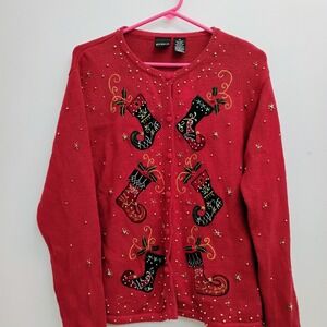 Erika‎ Red Christmas Stocking Beaded Button Up Cardigan Sweater M